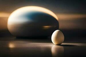 un blanco huevo y un grande esfera sentado en un mesa. generado por ai foto