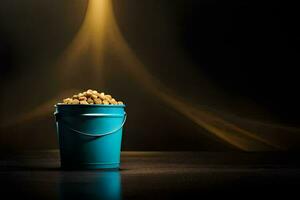 a bucket filled with peanuts on a table. AI-Generated photo