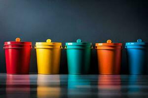 a row of colorful plastic cups on a dark background. AI-Generated photo