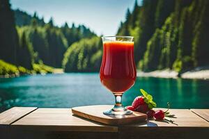 a glass of juice sits on a wooden table near a lake. AI-Generated photo