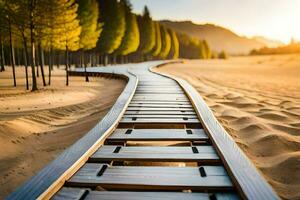 a wooden track leading to a sandy beach. AI-Generated photo
