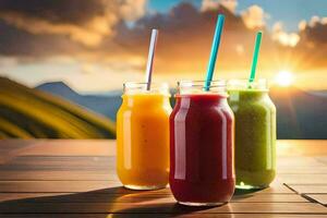 three smoothies sit on a table with a sunset in the background. AI-Generated photo