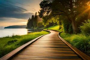 a wooden path leads to the water at sunset. AI-Generated photo