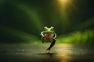frog jumping on the ground with a bright light behind it. AI-Generated photo