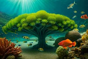 an underwater scene with an underwater tree and fish. AI-Generated photo