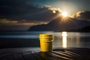 a yellow bucket sits on a wooden table in front of the ocean. AI-Generated photo