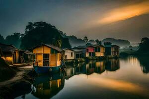 a boat sits on the water in front of a house. AI-Generated photo