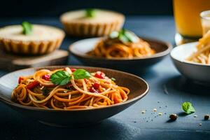 spaghetti with tomato sauce and breadsticks on a table. AI-Generated photo