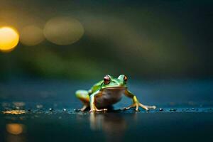 un rana sentado en el suelo en el lluvia. generado por ai foto