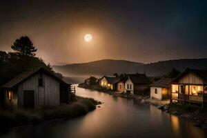 a river runs through a town at night with a full moon. AI-Generated photo