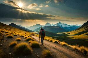 a man walks on a dirt road in the mountains. AI-Generated photo