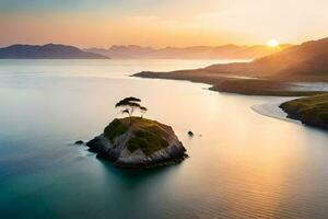 un solitario árbol en un isla en el medio de el océano. generado por ai foto