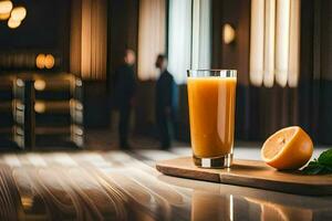 un vaso de naranja jugo en un mesa. generado por ai foto