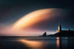 un Iglesia y un barco en el Oceano a noche. generado por ai foto