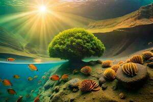 a tree and fish in the ocean with the sun shining. AI-Generated photo