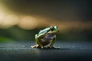 a frog sitting on the ground with a blurry background. AI-Generated photo