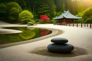a japanese garden with a pond and rocks. AI-Generated photo