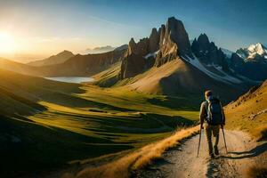 a man walks on a path in the mountains. AI-Generated photo