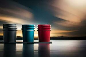 three buckets of different colors on a dock. AI-Generated photo