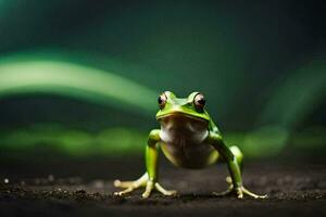 a frog is standing on the ground with a dark background. AI-Generated photo