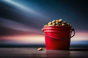 a red bucket filled with coins on a table. AI-Generated photo