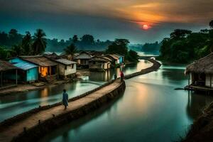 a river in the middle of a village at sunset. AI-Generated photo