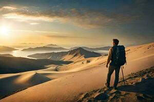 a man with a backpack standing on a sand dune at sunset. AI-Generated photo