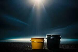 two buckets sit on the ground at night. AI-Generated photo