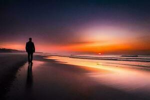 un hombre soportes en el playa a puesta de sol. generado por ai foto