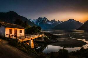 el casa a puesta de sol en el montañas. generado por ai foto