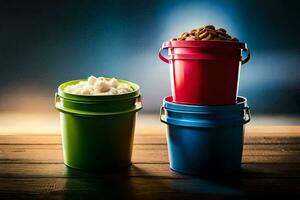 three buckets of different colored food on a wooden table. AI-Generated photo