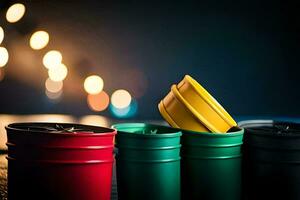 a row of colorful plastic containers on a table. AI-Generated photo