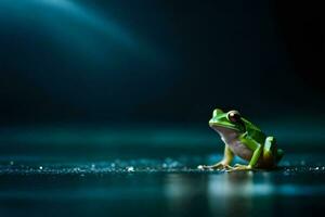 a frog sitting on the ground in the dark. AI-Generated photo
