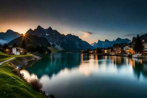 el Dom conjuntos terminado un lago y montañas. generado por ai foto