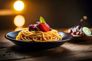 a bowl of pasta with berries and a fork. AI-Generated photo