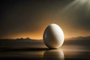 un huevo sentado en un mesa en frente de un brillante ligero. generado por ai foto