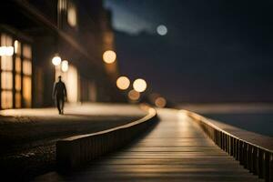 a man walks along a wooden walkway at night. AI-Generated photo