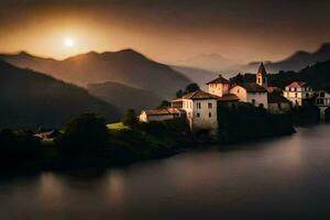 a village sits on the edge of a lake at sunset. AI-Generated photo