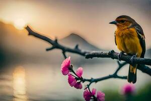 a bird sits on a branch with flowers in the background. AI-Generated photo