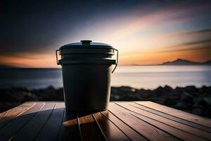 a trash can sitting on a wooden table in front of the ocean. AI-Generated photo