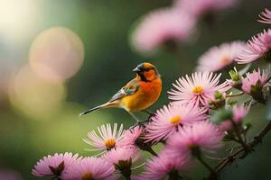 un pájaro es encaramado en un rosado flor. generado por ai foto