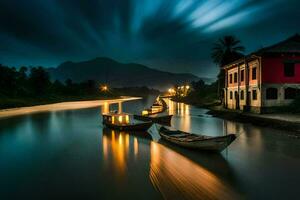 boats on the river at night with a house in the background. AI-Generated photo