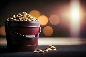 a bucket filled with gold coins on a table. AI-Generated photo