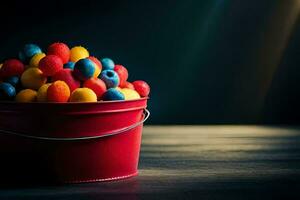 a bucket filled with colorful candy. AI-Generated photo