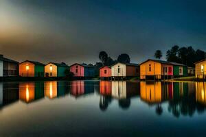colorful houses on the water at night. AI-Generated photo