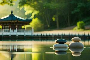 two stones are sitting on the water in front of a pagoda. AI-Generated photo