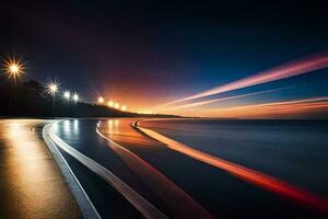 a long exposure photograph of a road and the ocean at sunset. AI-Generated photo