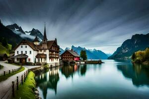 un hermosa lago y montaña paisaje con un casa en el costa. generado por ai foto