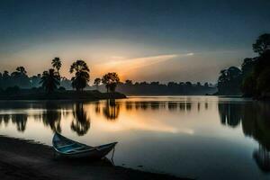 a boat sits on the shore of a lake at sunset. AI-Generated photo