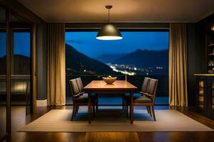 a dining room with a view of mountains at night. AI-Generated photo